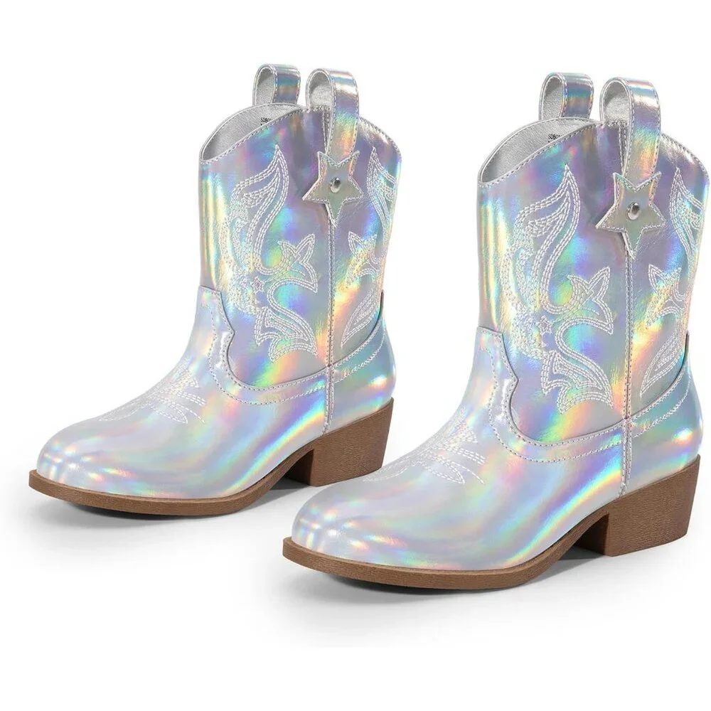 ⚡Girls Silver Cowgirl Boots With Low Heel Western Embroidered Fashion Mid Calf
